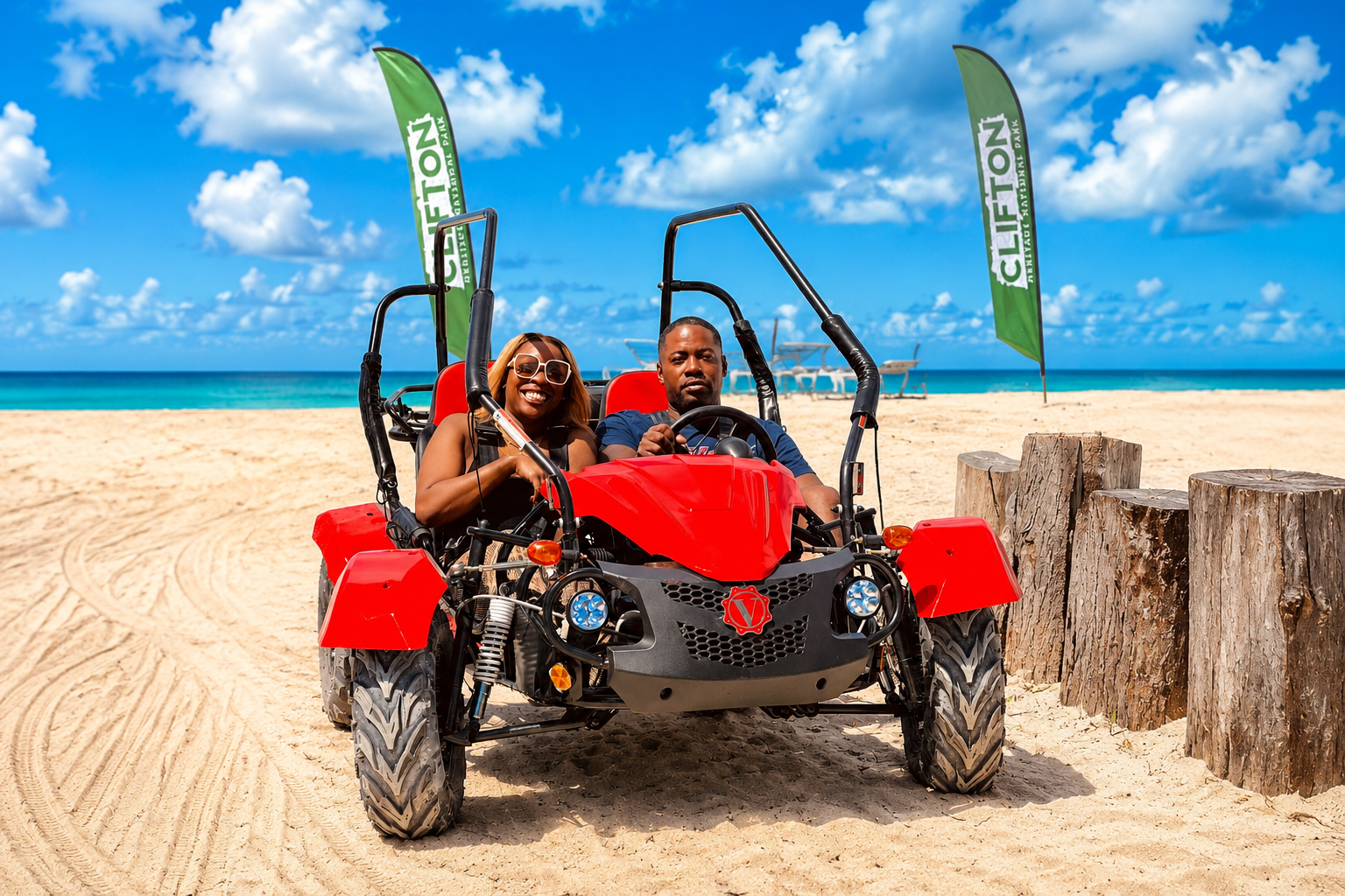 Couple riding go kart in Nassau Bahamas