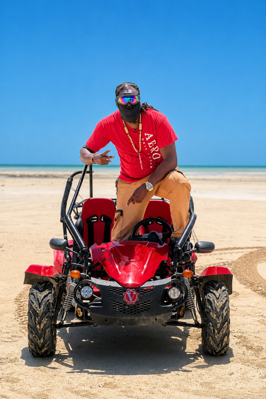 Guest posing with go kart in Nassau